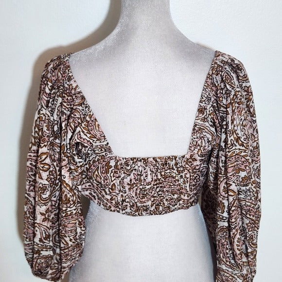 MINKPINK Brown and Pink Paisley Tie-Front Cropped Top Size Medium