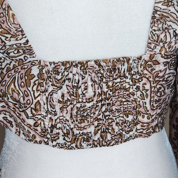 MINKPINK Brown and Pink Paisley Tie-Front Cropped Top Size Medium