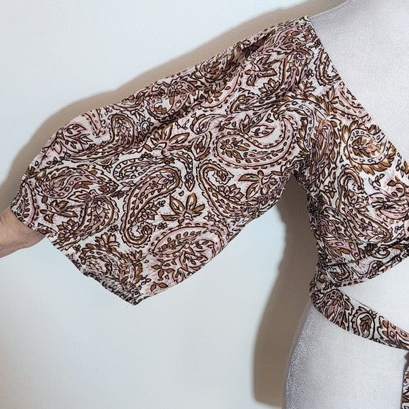 MINKPINK Brown and Pink Paisley Tie-Front Cropped Top Size Medium