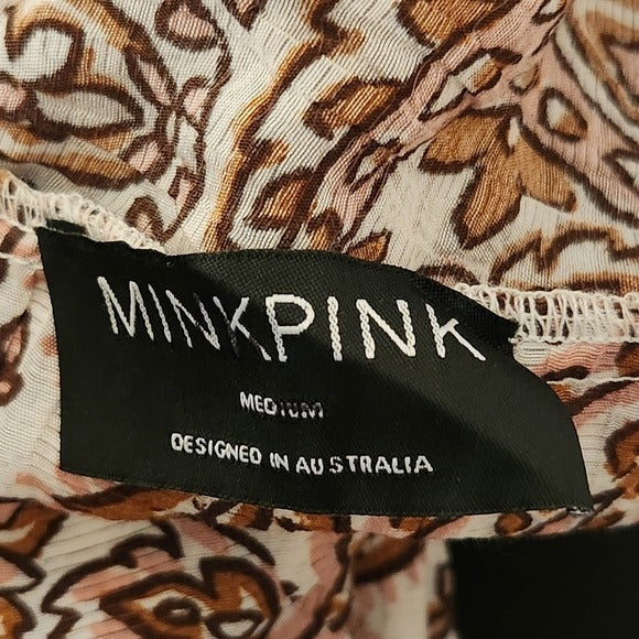 MINKPINK Brown and Pink Paisley Tie-Front Cropped Top Size Medium