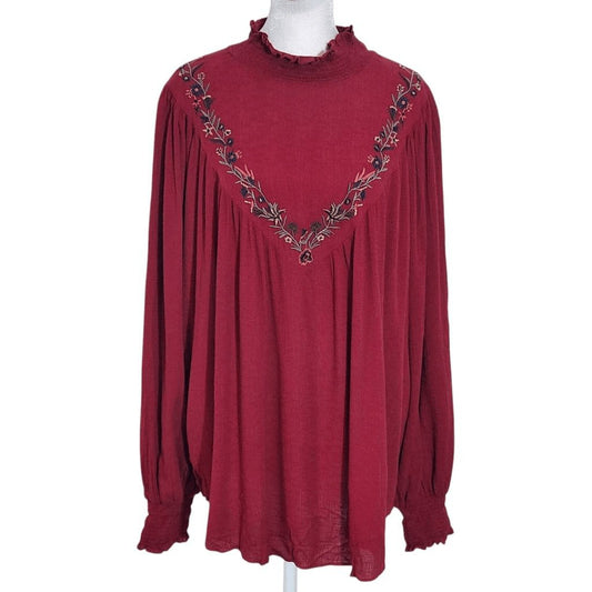 Chic Soul Burgundy Embroidered Boho Blouse NWOT Size 1X Oxblood Embroidered Top