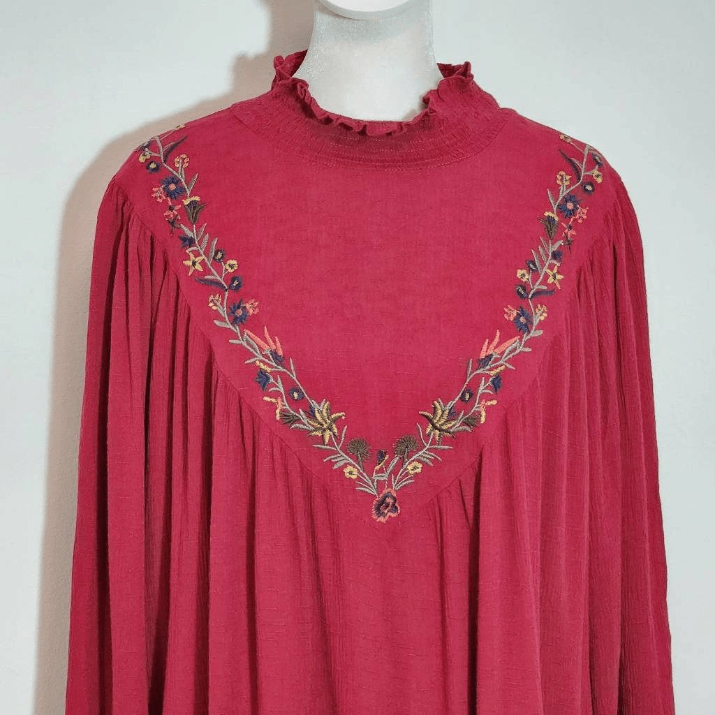 Chic Soul Burgundy Embroidered Boho Blouse NWOT Size 1X Oxblood Embroidered Top