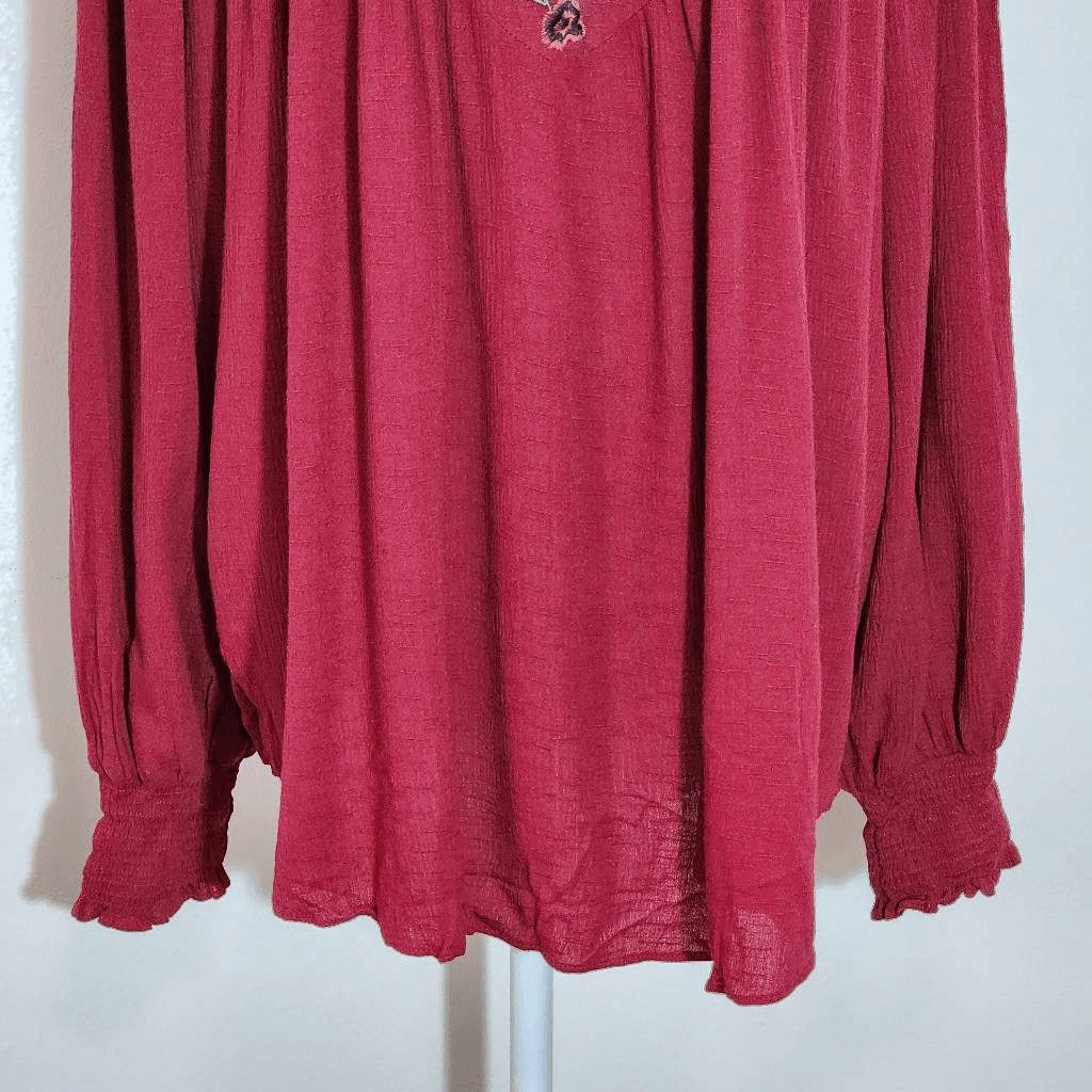Chic Soul Burgundy Embroidered Boho Blouse NWOT Size 1X Oxblood Embroidered Top