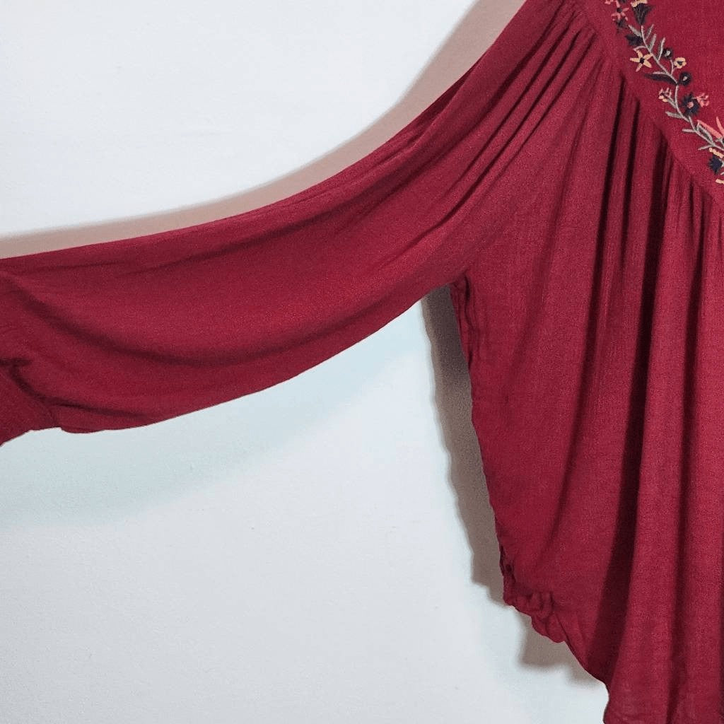 Chic Soul Burgundy Embroidered Boho Blouse NWOT Size 1X Oxblood Embroidered Top