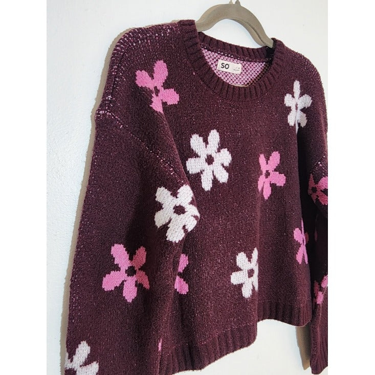 SO Burgundy Floral Sweater Knit Pullover Size Medium NWT