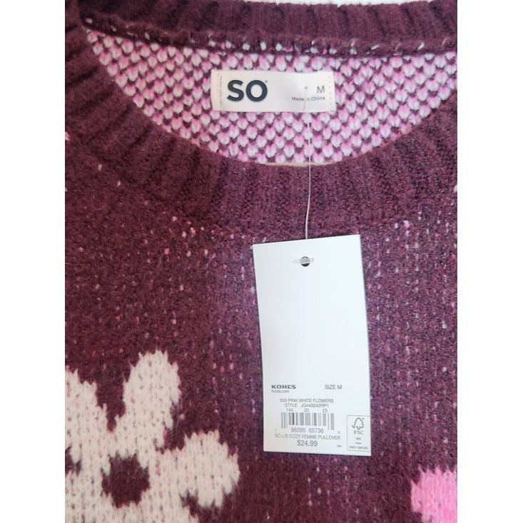 SO Burgundy Floral Sweater Knit Pullover Size Medium NWT
