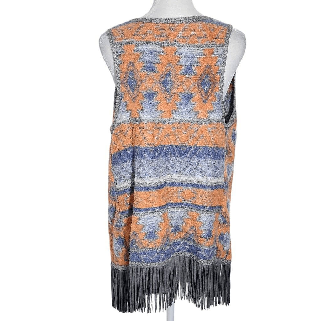 INC International Concepts Gray and Orange Aztec Vest with Fringe Size Medium
