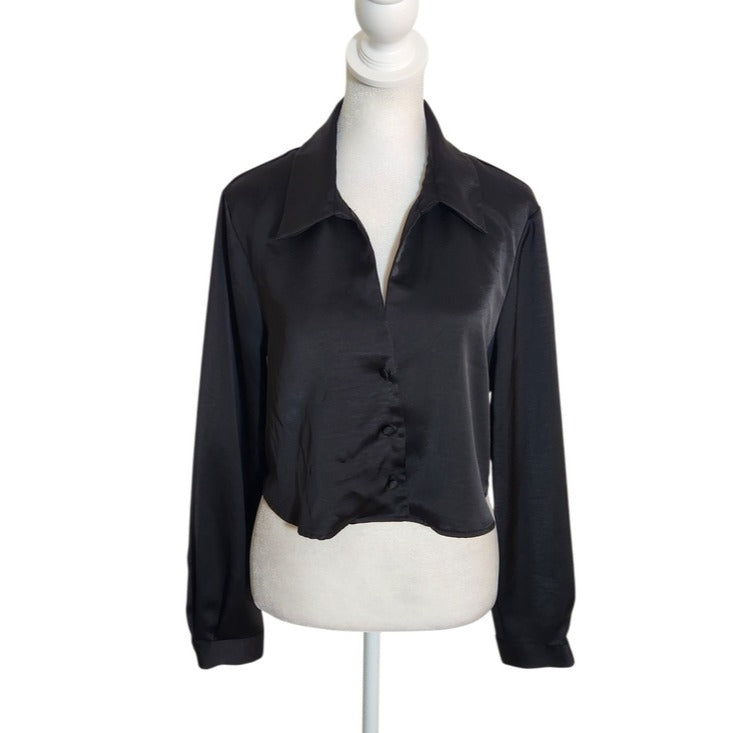 Zara Womens Black Satin Button-Up Cropped Blouse Size Medium
