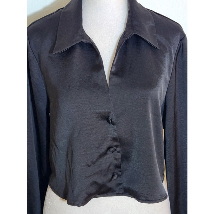 Zara Womens Black Satin Button-Up Cropped Blouse Size Medium