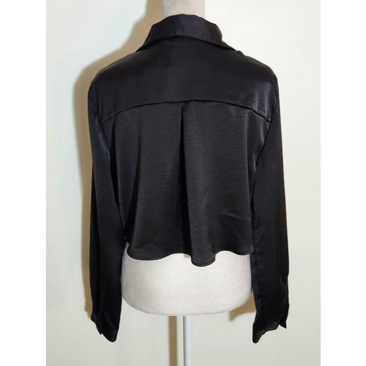 Zara Womens Black Satin Button-Up Cropped Blouse Size Medium