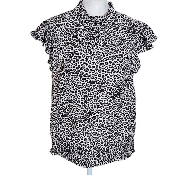 Soho Black and Cream Leopard Print Ruffle Sleeve Top Size Medium Leopard Blouse