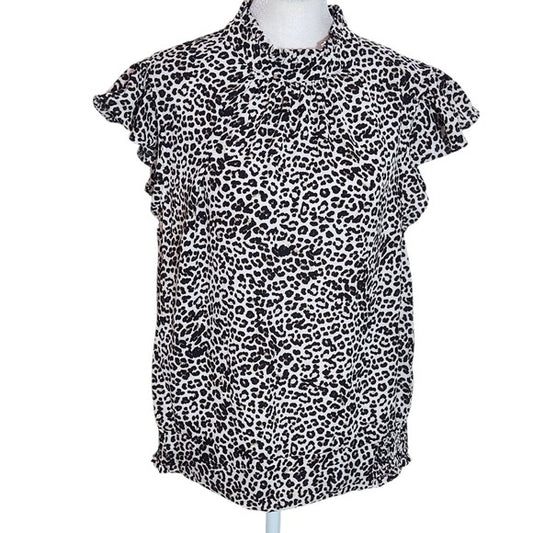 Soho Black and Cream Leopard Print Ruffle Sleeve Top Size Medium Leopard Blouse