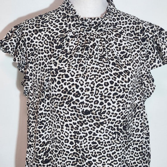 Soho Black and Cream Leopard Print Ruffle Sleeve Top Size Medium Leopard Blouse