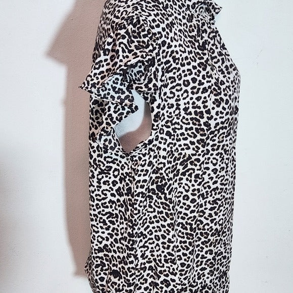 Soho Black and Cream Leopard Print Ruffle Sleeve Top Size Medium Leopard Blouse