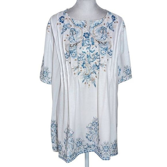 Blue and White Boho Print T-Shirt with Half-Button Style NWOT Size 4XL