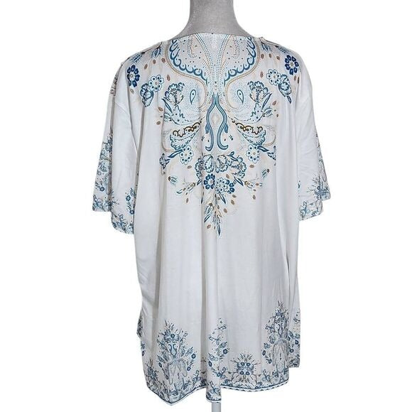 Blue and White Boho Print T-Shirt with Half-Button Style NWOT Size 4XL