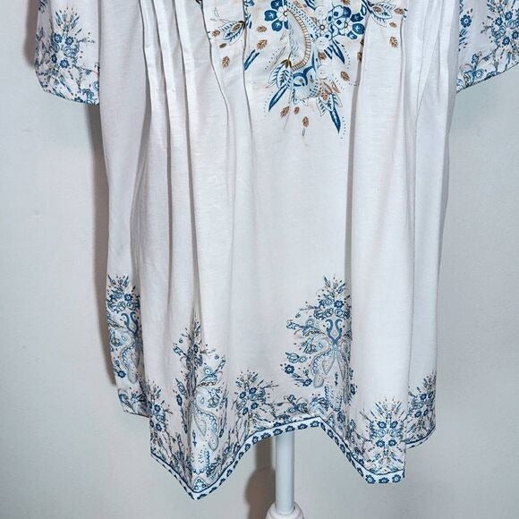 Blue and White Boho Print T-Shirt with Half-Button Style NWOT Size 4XL