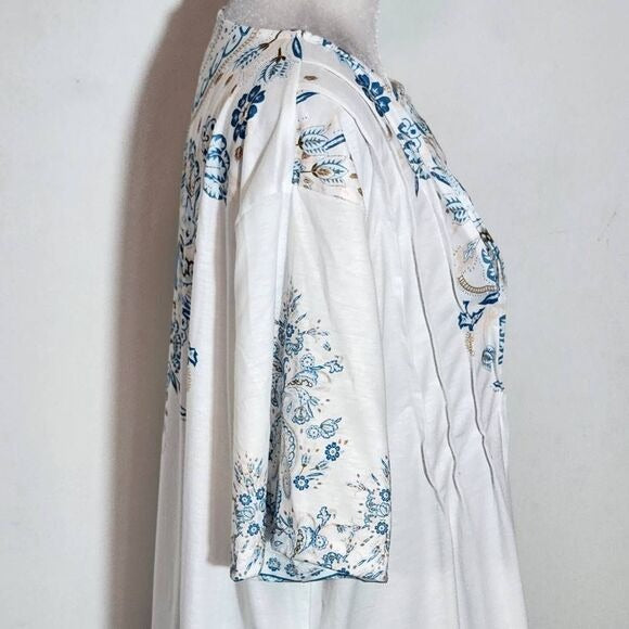 Blue and White Boho Print T-Shirt with Half-Button Style NWOT Size 4XL