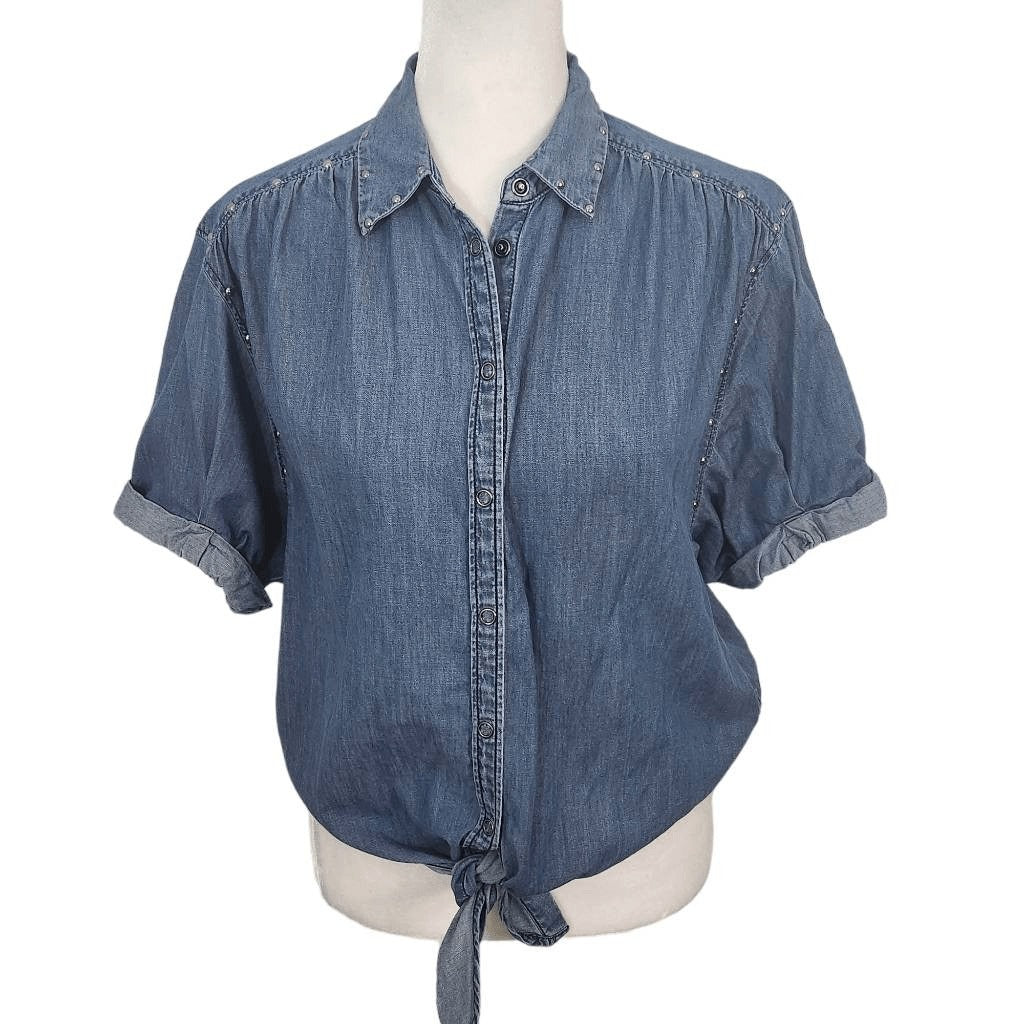 Express Denim Snap-Up Crop Top Tie Front Size XS Western Jean Shirt