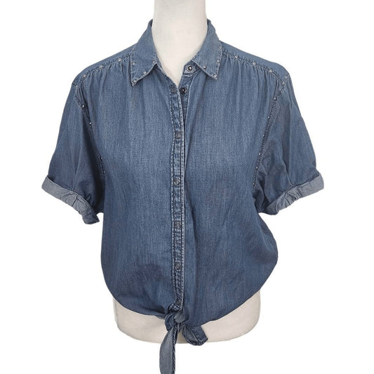 Express Denim Snap-Up Crop Top Tie Front Size XS Western Jean Shirt