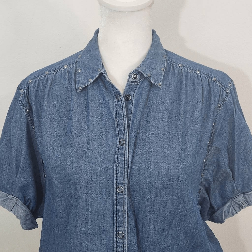Express Denim Snap-Up Crop Top Tie Front Size XS Western Jean Shirt