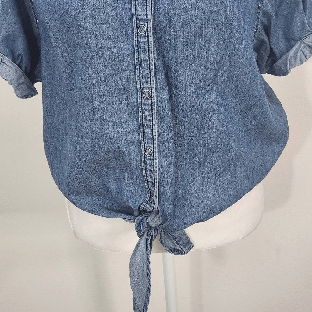 Express Denim Snap-Up Crop Top Tie Front Size XS Western Jean Shirt