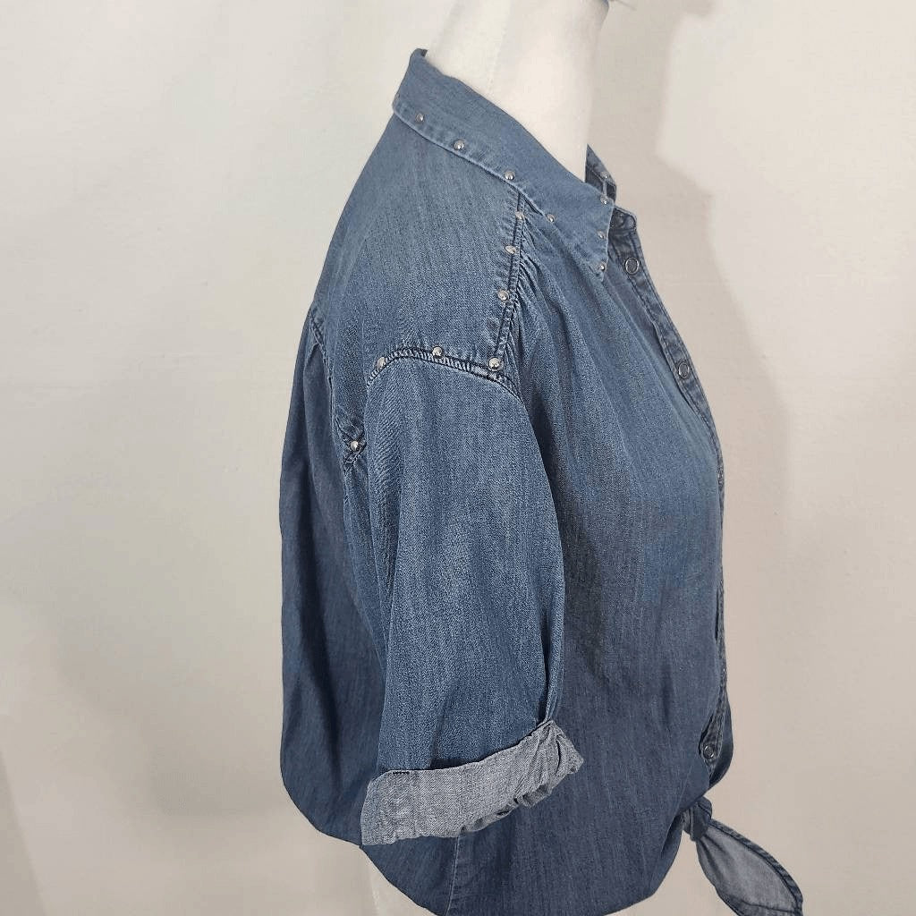 Express Denim Snap-Up Crop Top Tie Front Size XS Western Jean Shirt