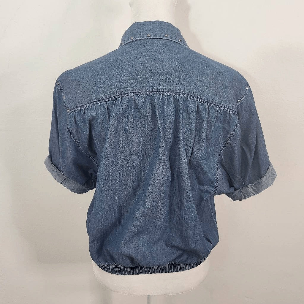 Express Denim Snap-Up Crop Top Tie Front Size XS Western Jean Shirt
