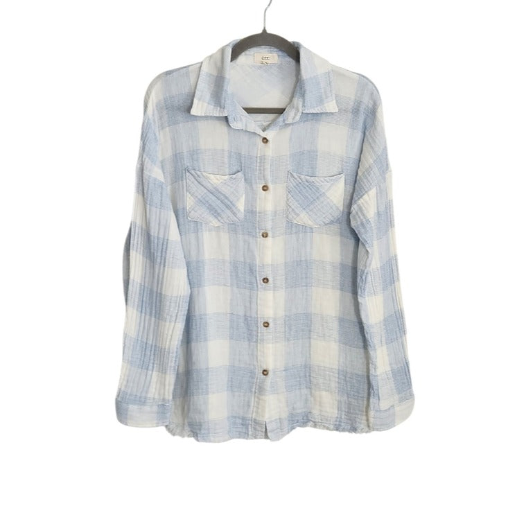 OTT Light Blue and White Check Cotton Gauze Button Down Shirt Size XL