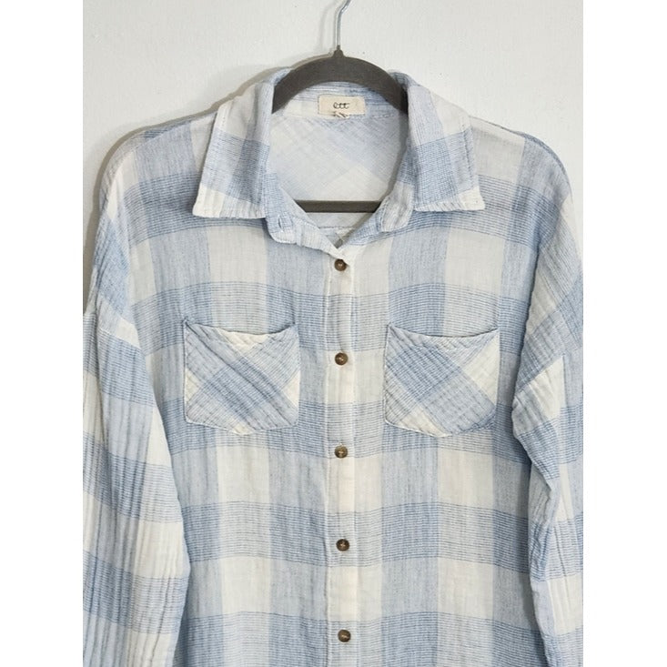 OTT Light Blue and White Check Cotton Gauze Button Down Shirt Size XL