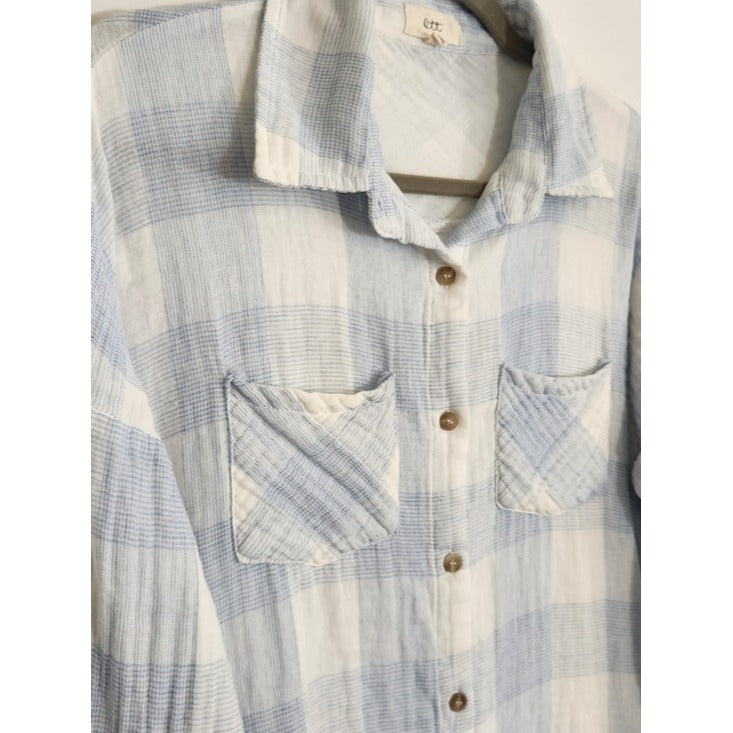 OTT Light Blue and White Check Cotton Gauze Button Down Shirt Size XL