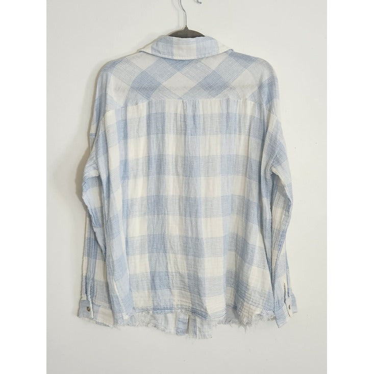 OTT Light Blue and White Check Cotton Gauze Button Down Shirt Size XL