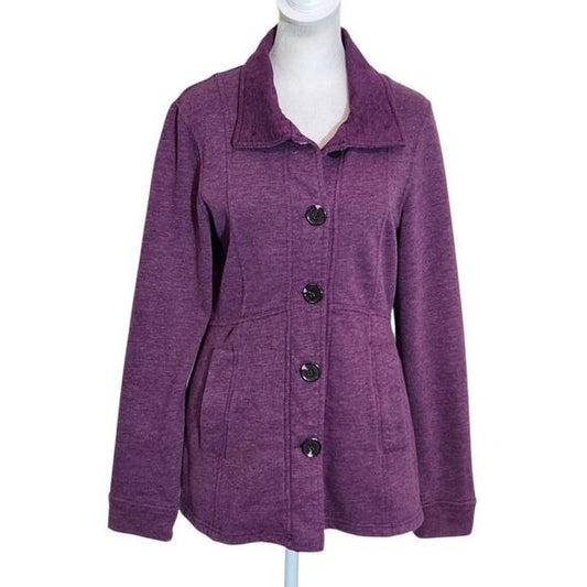 Prana Purple Fleece Jacket Size Small Heather Plum Funnel Neck Button-Up Jacket
