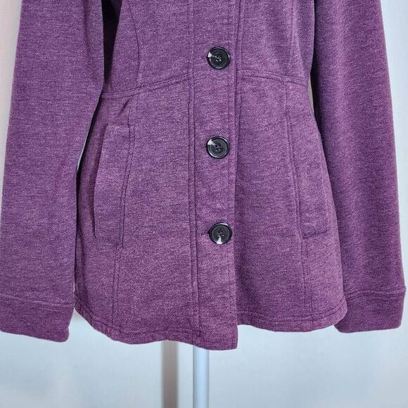 Prana Purple Fleece Jacket Size Small Heather Plum Funnel Neck Button-Up Jacket