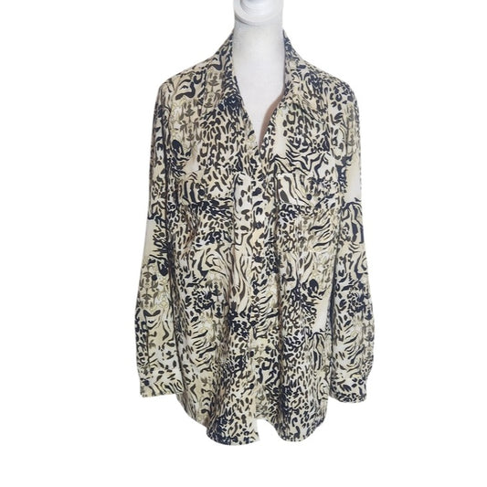NY Collection Leopard Print Button-Up Camp Shirt Size 1X