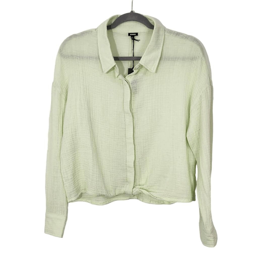 Monrow Semi-Sheer Light Green Button Down Crop Top NWT Size Large Green Crop Top