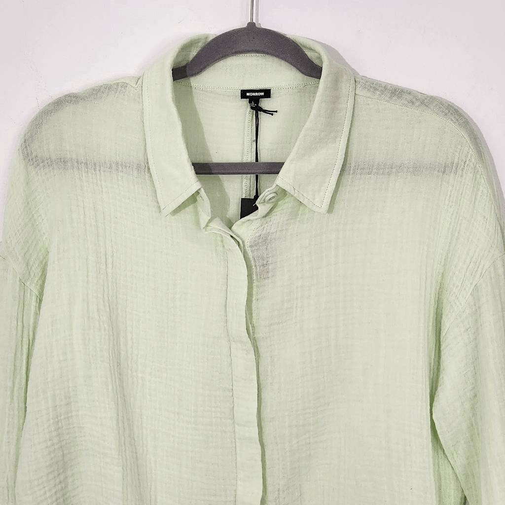 Monrow Semi-Sheer Light Green Button Down Crop Top NWT Size Large Green Crop Top