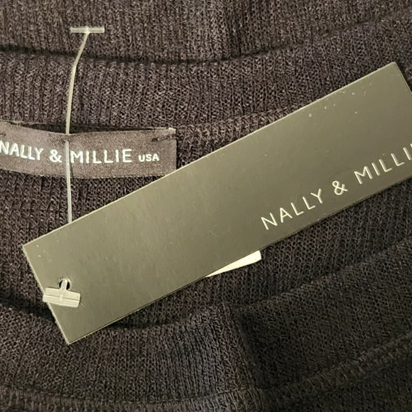 Nally & Millie Semi-Sheer Black Slub Knit Long Sleeve Top Size Large NWT