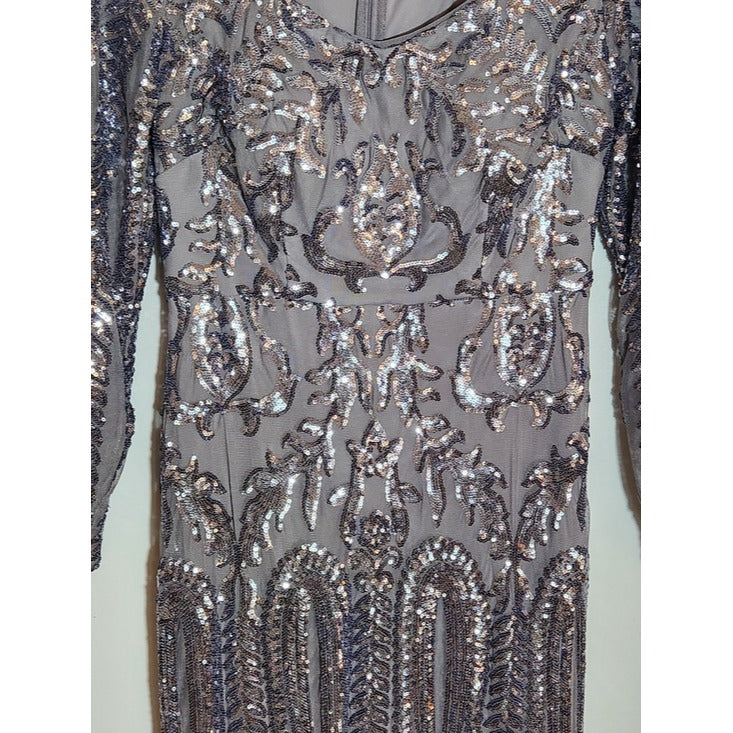 R&M Richards Gray and Silver Sequin Formal Dress Size 6 Mother of the Bride