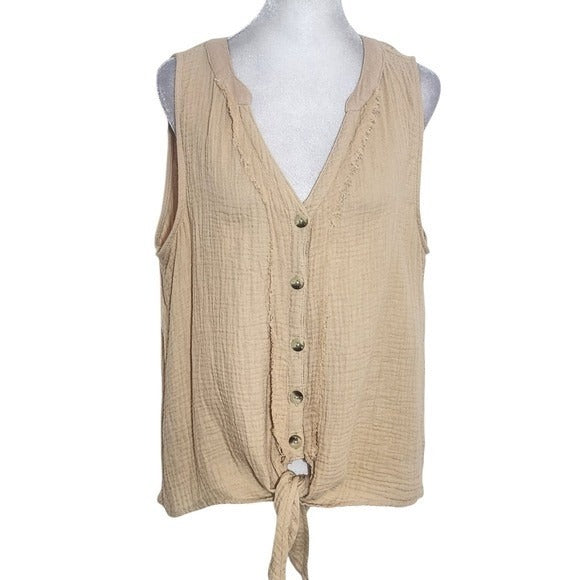 French Laundry Tan Cotton Gauze Sleeveless Button-Down Top with Tie Size Large