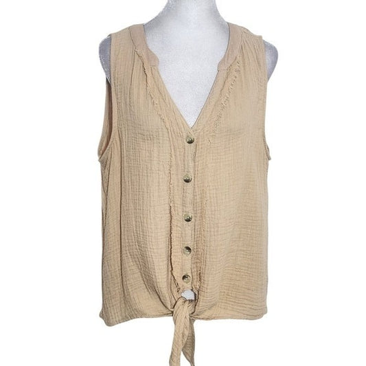 French Laundry Tan Cotton Gauze Sleeveless Button-Down Top with Tie Size Large