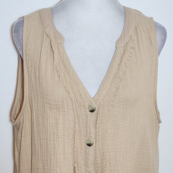 French Laundry Tan Cotton Gauze Sleeveless Button-Down Top with Tie Size Large