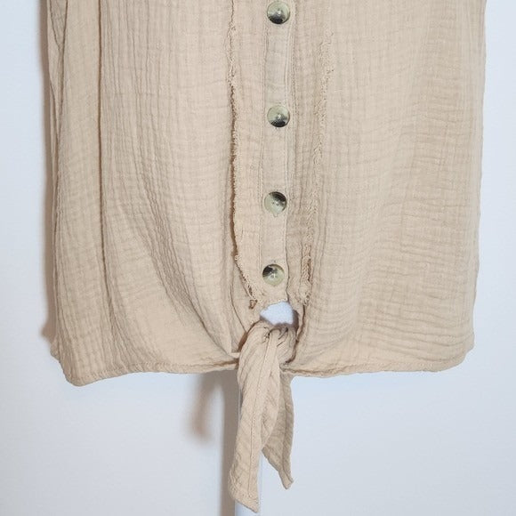 French Laundry Tan Cotton Gauze Sleeveless Button-Down Top with Tie Size Large