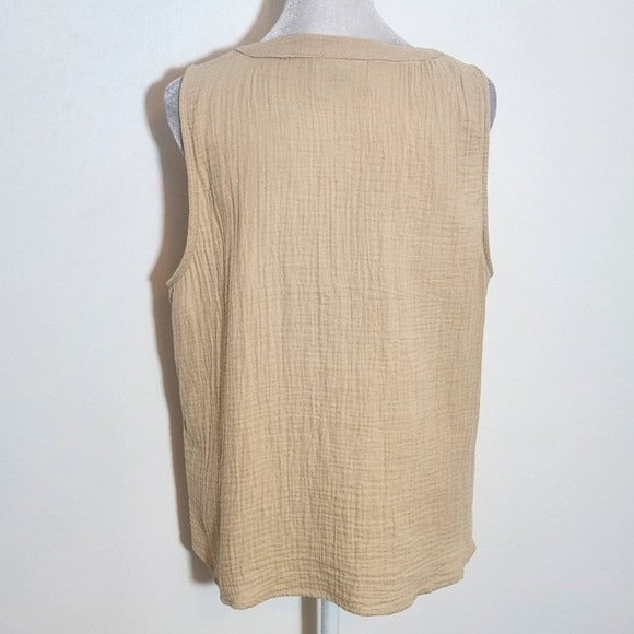 French Laundry Tan Cotton Gauze Sleeveless Button-Down Top with Tie Size Large