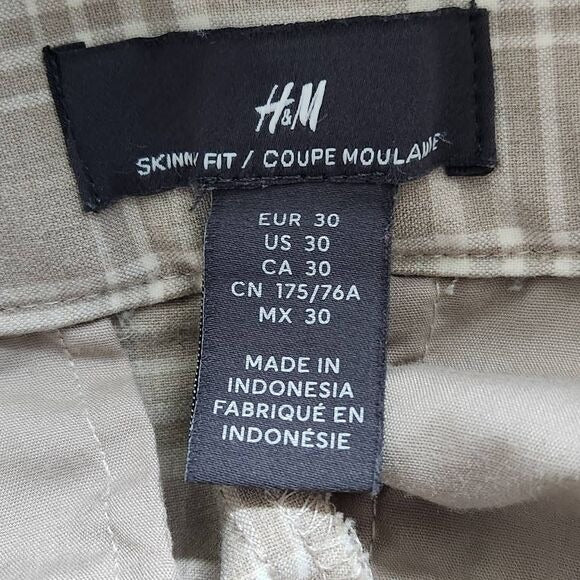 H&M Khaki Plaid Ankle Pants Size 30 Tan and White Slim Leg Plaid Pants