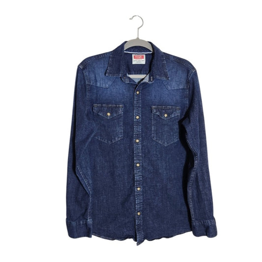 Wrangler Mens Dark Wash Western Snap Up Denim Shirt Size Medium