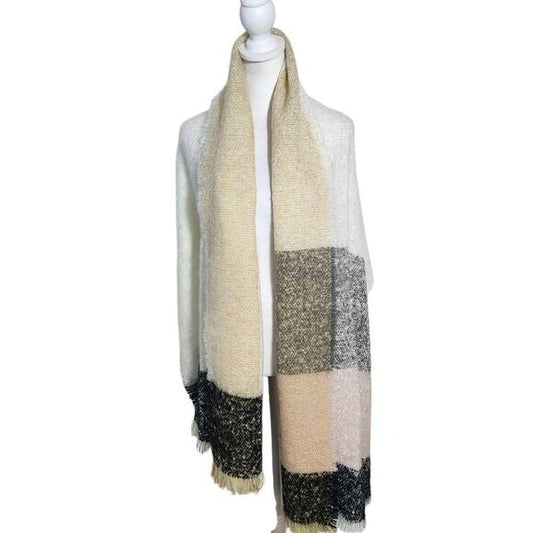 Plaid Colorblock Woven Knit Wrap Scarf with Fringe One Size