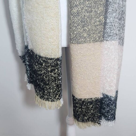 Plaid Colorblock Woven Knit Wrap Scarf with Fringe One Size