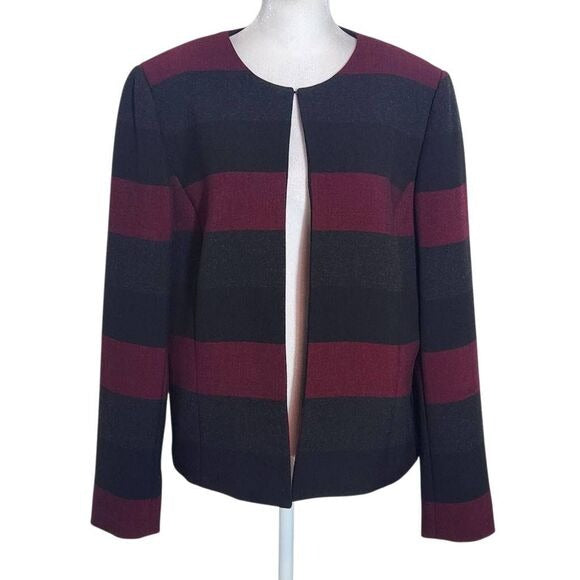 Tahari Red Gray and Black Stripe Blazer Size 12 Tahari Stripe Collarless Blazer