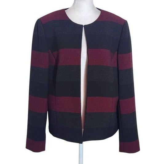 Tahari Red Gray and Black Stripe Blazer Size 12 Tahari Stripe Collarless Blazer